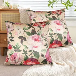 Tesmare Beige & Multicoloured Set of 2 Floral Velvet Square Cushion Covers image 4