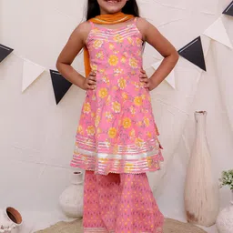 Ka-mee Girls Floral Printed Regular Zardozi Pure Cotton Kurta with Sharara & With Dupatta-picture-39