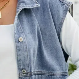 Oh Rare Spread Collar Sleeveless Longline Pockets Denim Jacket image 2