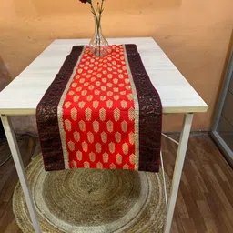 Pink Parrot Orange Colored & Brown Ethnic Motifs Jacquard Silk Table Runner-picture-20