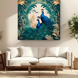 999Store Green & Beige Twin Peacocks Printed Canvas Wall Art-picture-31