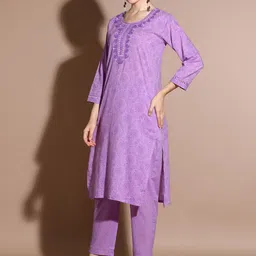 Anouk Purple Floral Printed Mirror Work Pure Cotton Straight Kurta With Trouser image 4