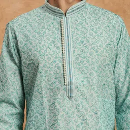 Men's Heritage Embroidered Work Sky Blue Kurta Set In Silk by Souragya image 2