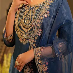 Indo Era Women Embroidered Regular Kurta with Trousers & Dupatta image 2