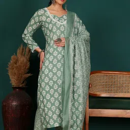 Lative Colours of Fashion Women Floral Yoke Design Regular Beads and Stones Pure Cotton Kurta with Trousers image 1