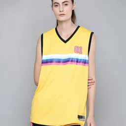 hrx by hrithik roshan Women Striped V Neck Polyester Yellow T-Shirt-picture-12