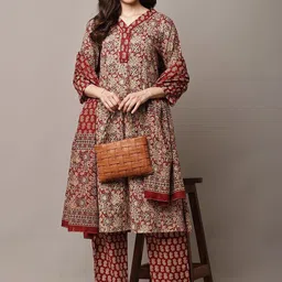 HERE&NOW Women Ethnic Motifs Printed Regular Pure Cotton Kurta with Palazzos & With Dupatta-picture-19