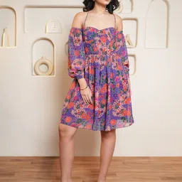 PURVAJA Women Floral Printed Off-Shoulder Puff Sleeve Fit & Flare Dress-picture-21