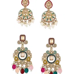 Zaveri Pearls Set Of 2 Gold-Plated Stones Studded & Beaded Floral Shaped Drop Earrings-image-6