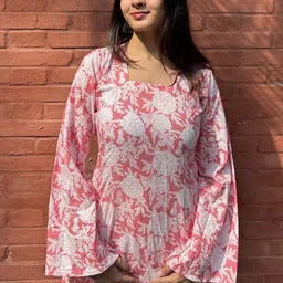 Gharana Karigari Company Aisha Floral Printed Square Neck Flared Sleeves Pure Cotton Kurti-picture-46