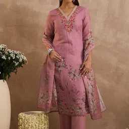 Indo Era Women Floral Embroidered Regular Thread Work Linen Kurta Set With Dupatta image 4