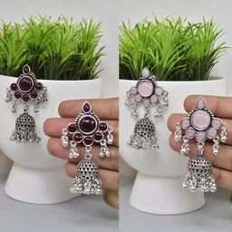 MEIRA JEWELLERY Set Of 2 German Silver-Plated Stones Studded Oxidised Dome Shaped Jhumkas-image-79