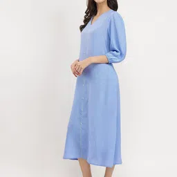 Pink Fort Women Rayon Solid Buttoned Midi Dress Blue image 5