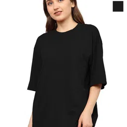 TQH Women Pack of 2 Solid Round Neck Cotton Oversized T-shirts-image-2