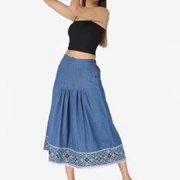 SUMAVI APPREALS Women Embroidered Denim Flared Midi Skirts with Button Closure-image-36