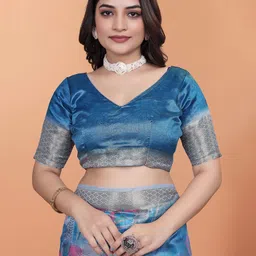 Mitera Floral Printed Zar Banarasi Saree With Blouse Piece image 3