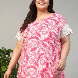 Oxolloxo Women Plus Size Tropical Printed Keyhole Neck Top-image-34