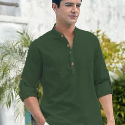 Navkanj Band Collar Roll-Up Sleeves Cotton Straight Short Kurta-picture-12