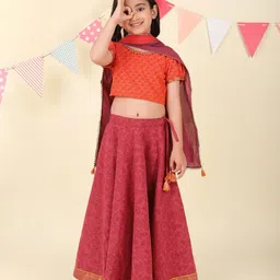 Fabindia Girls Floral Printed Cotton Lehenga With Blouse & Dupatta-picture-32