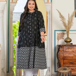 YASH GALLERY Plus Size Geometric Printed Mandarin Collar Pure Cotton A-Line Kurta image 1