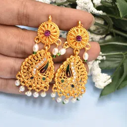 MEIRA JEWELLERY Gold-Plated Artificial Stones Studded & Beaded Drop Earrings-picture-39