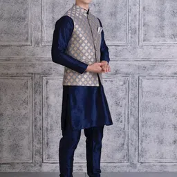 Ethluxis Mandarin Collar Jacquard Dupion Silk Kurta With Churidar & Nehru Jacket image 3