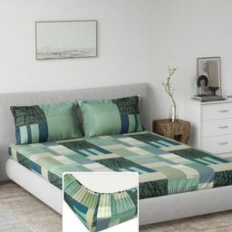 DDecor Green & Black Geometric Printed Pure Cotton 144TC King Bedsheet Set - 1.82m x 1.98m-picture-3