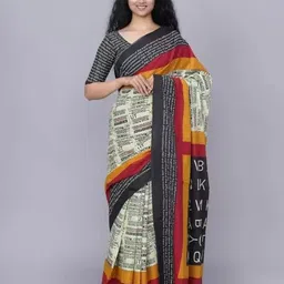 TROPWEAR Ethnic Motifs Linen Blend Block Print Saree-picture-22