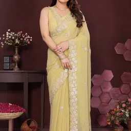peachmode Yellow Floral Sequin Embroidery Georgette Saree with Unstitched Blouse Piece-picture-35