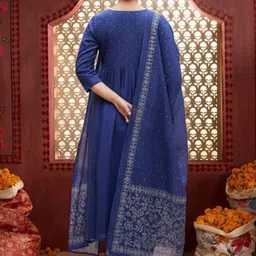 OZIA Women Ethnic Motifs Printed Tiered Pure Cotton Kurta with Trousers & With Dupatta image 5