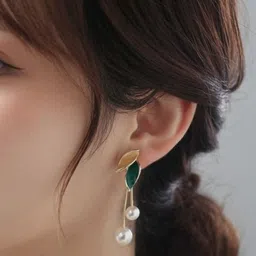 Celestique Pearls Beaded Enamelled Leaf Shaped Drop Earrings-picture-20