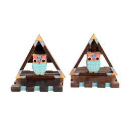 aakriti art creations Triangular Mango Wood Wall Shelf With Blue Owl Motifs Set Of 2 image 2