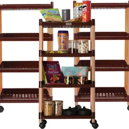 homestic Pack of 3 Multipurpose 4-Layer Storage Trolley Rack with Wheels | Brown Plastic Kitchen Trolley-picture-32
