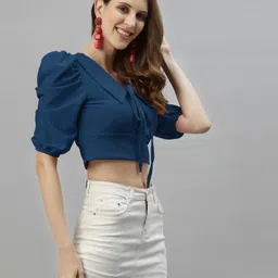 selvia Casual Balloon Sleeve Solid Women Dark Blue Top image 4