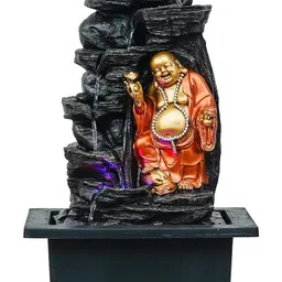 CHRONIKLE Golden Brown Polyresin Tabletop Laughing Buddha 6 Step Indoor Water Fountain for Home Decor with LED, Speed Control Pump (Size: 37 x 28 x 57 CM | Weight: 3260Gram) image 5