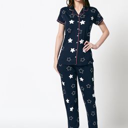 Zeyo Women Navy Blue & White Printed Pure Cotton Night suit-picture-11