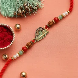 Aapno Rajasthan Red & Sea Green Krishna Motif Rakhi with Roli Chawal & Card-picture-53