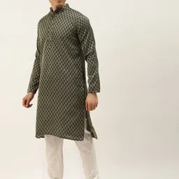 SOJANYA Men Olive Green & Rust Red Jacquard Ethnic Motifs Straight Kurta with Churidar image 5