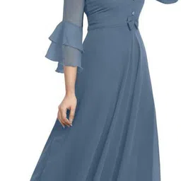 dream crushers Designer Georgette Solid Dress for Women with Flared Hem and Ruffled Sleeves image 3