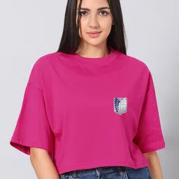 Besick Women Graphic Printed Cotton Oversized Crop T-shirt-image-1