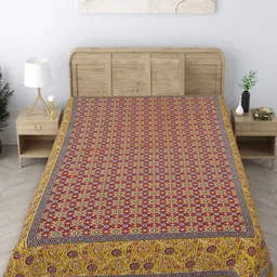 Texstylers Gold-Toned & Maroon Floral 140 TC Single Bedsheet with Pillow Covers image 1