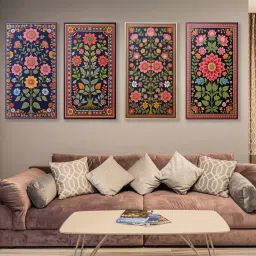 nestroots Blue Floral Tapestry Series Set of 4 Printed Wall Painting Stretch Canvas Frame image 1
