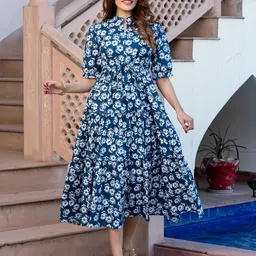 KALINI Women Floral Printed Puff Sleeves Fit and Flare Midi Dress-image-3