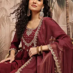 Sangria Zari Floral Embroidered A-Line Kurta With Trouser & Dupatta-image-96