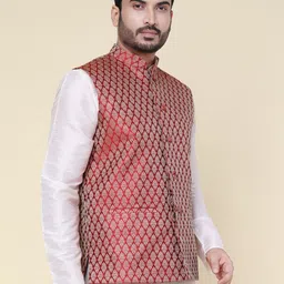 W & G Woven Design Mandarin Collar Nehru Jacket image 3