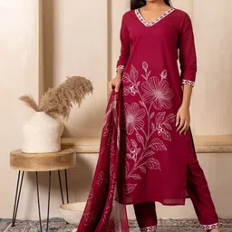 SHIVARA Women Floral Embroidered Regular Thread Work Pure Cotton Kurta with Trousers & With Dupatta-picture-14