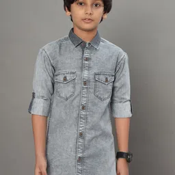 Darkclub Kids Slim Fit Faded Spread Collar Denim Casual Shirt-picture-20