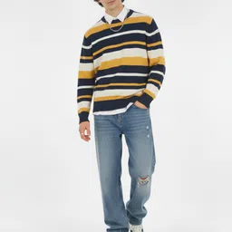 glitchez Pure Cotton Shirt Collar Striped Pullover image 3