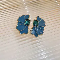 SHARLEEZ Stainless Steel Gold-Plated American Diamond Studed Floral Shaped Studs-image-4