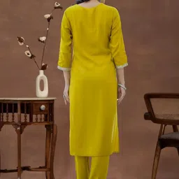 Mokshielite Floral Embroidered Round Neck Thread Work Cotton Kurta With Trousers & Dupatta image 5